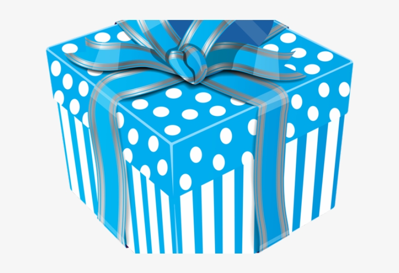 Blue gift box with white polka dots and stripes, wrapped with a silver ribbon bow.