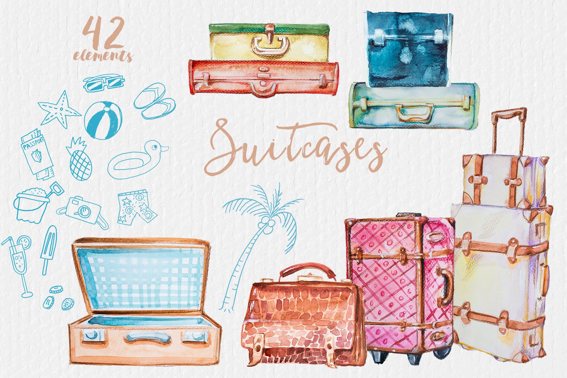 Watercolor illustration of vintage and modern suitcases with travel accessories like passports, sunglasses, beach balls, and palm trees.