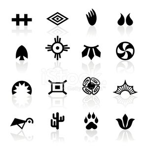 Collection of 16 black-and-white symbolic icons including geometric shapes, natural elements, and cultural motifs with reflections.