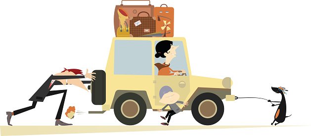 A cartoon family struggling to load luggage onto a packed SUV while a dog pulls the vehicle and a child clings to the side.