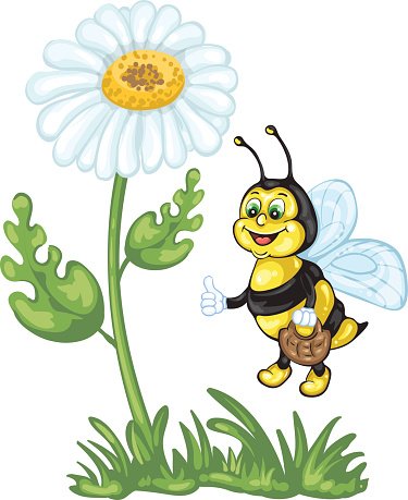 Cheerful cartoon bee giving a thumbs-up beside a white daisy with green leaves and grass.