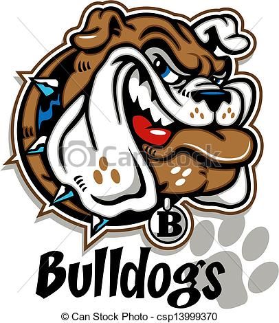 Aggressive cartoon bulldog mascot with sharp teeth, red tongue, and a "B" collar tag, set in a circular emblem with paw prints.