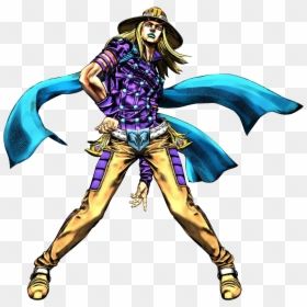 A stylized anime character with long blond hair, wide-brimmed hat, purple patterned shirt, gold pants, and flowing blue cape in dynamic pose.