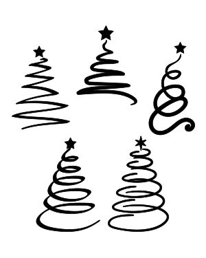 Five hand-drawn black spiral Christmas trees with star toppers on white background.