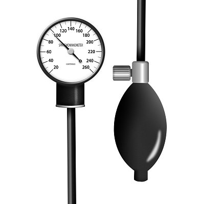 Classic analog sphygmomanometer with black bulb and gauge for manual blood pressure measurement.