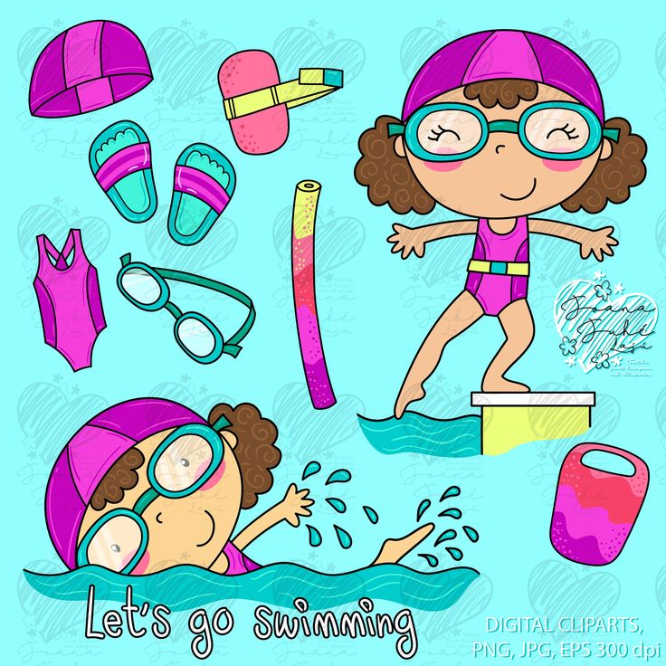 Cartoon girl swimmer with gear-cap, goggles, swimsuit, flipper, kickboard-jumping into water; "Let's go swimming" text.