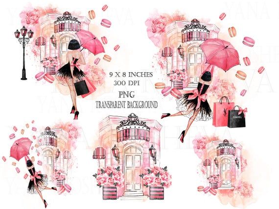 Watercolor illustration of elegant Parisian street scenes with women in black dresses, pink umbrellas, Chanel bags, and floral storefronts.