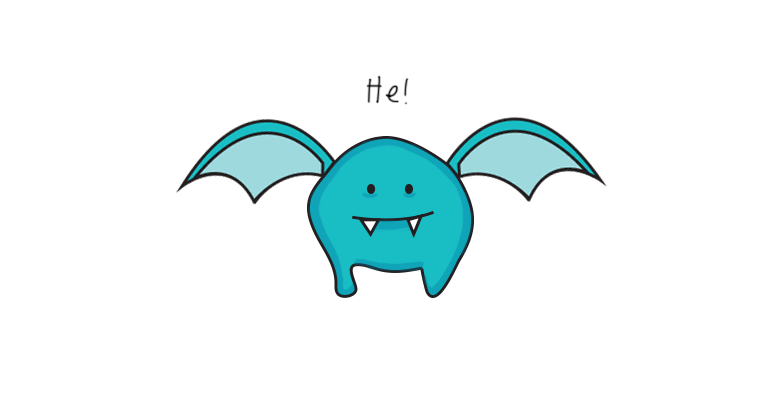 A cheerful turquoise cartoon bat with fangs, wings spread, and a playful "He!" greeting above its head.
