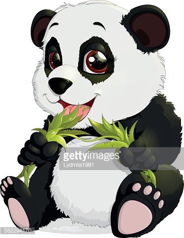 Cute cartoon panda sitting and happily eating bamboo leaves with expressive eyes.