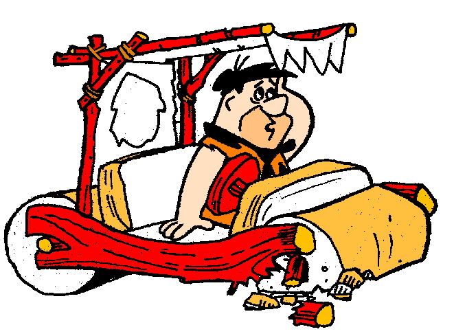 Fred Flintstone driving his iconic red stone-age car made of wood and stone wheels, looking surprised.
