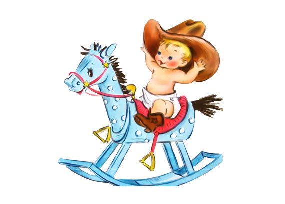 Baby in cowboy hat riding a blue rocking horse toy with red saddle and gold stirrups.