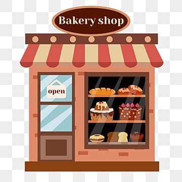 Charming cartoon bakery shop with striped awning, open sign, and display of breads, cakes, and pastries in the window.