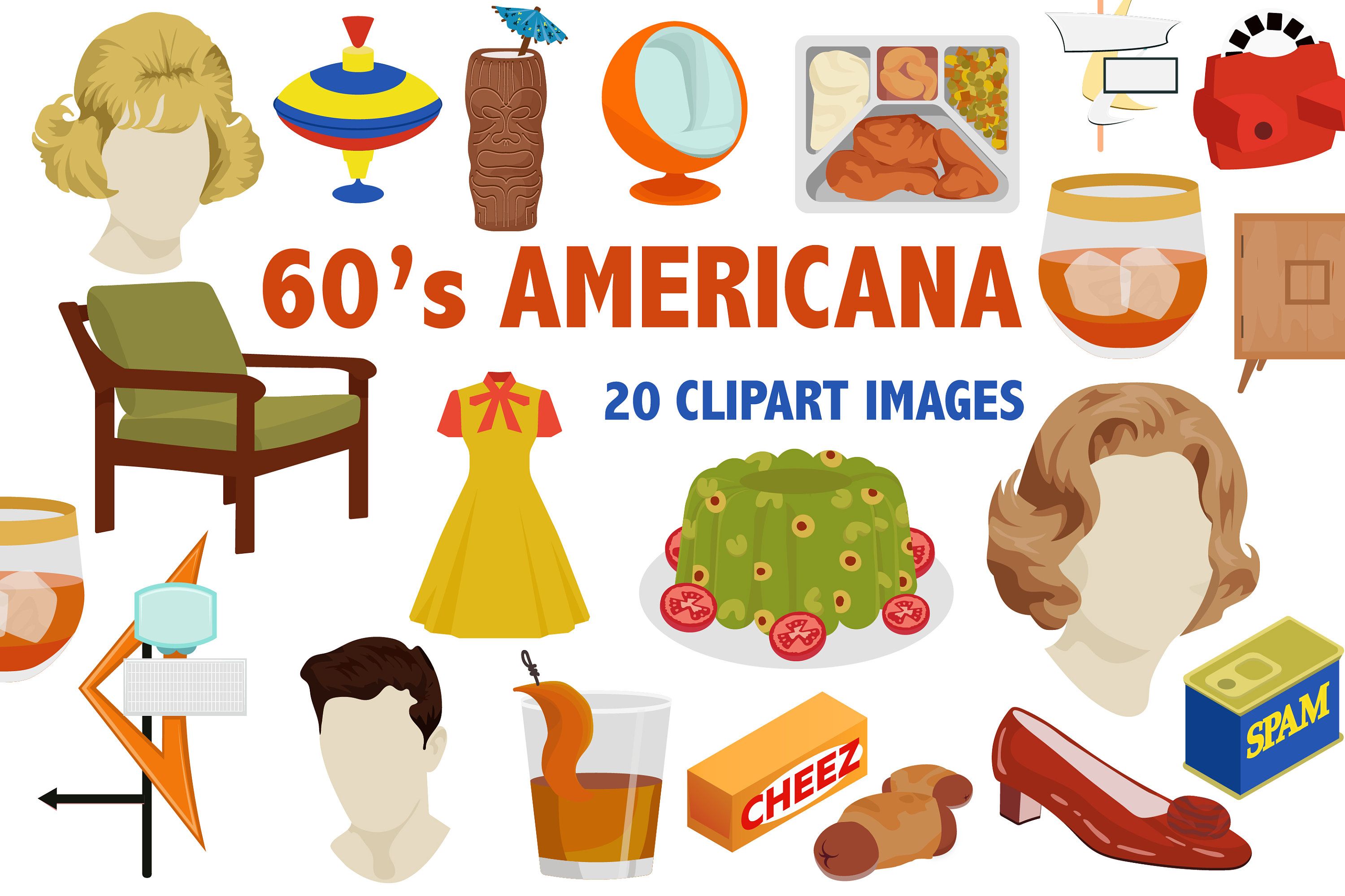 1960s Americana Clipart Collection - 20 Retro Icons for Design & History Projects