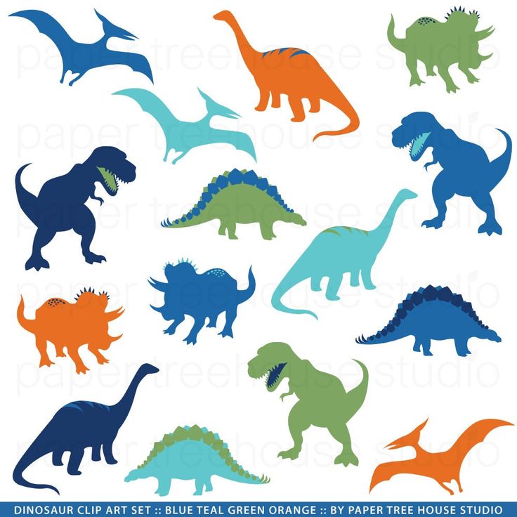 Colorful dinosaur clip art set in blue, teal, green, and orange silhouettes by Paper Tree House Studio.