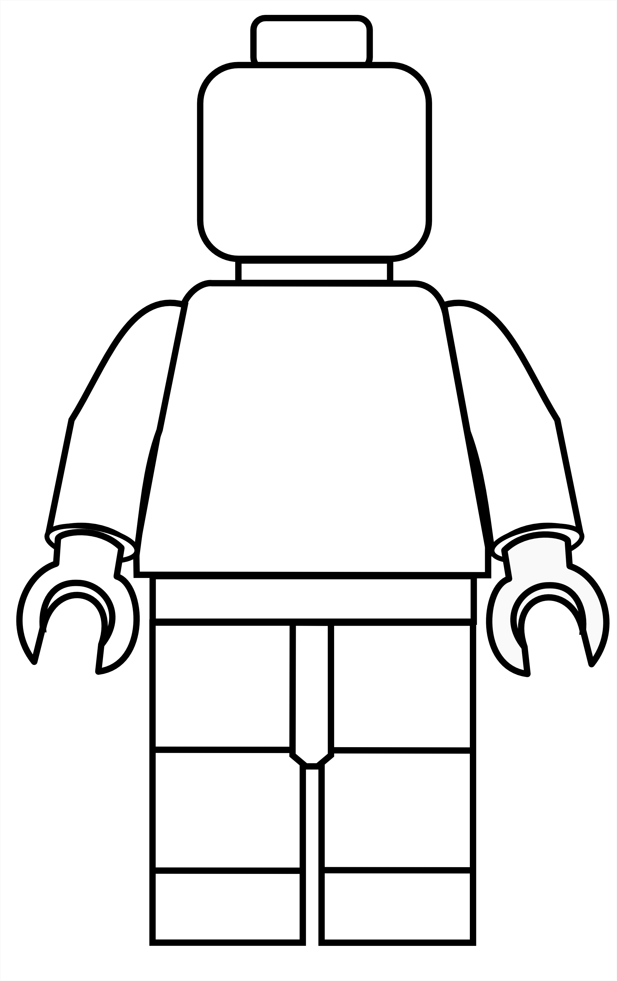 Black-and-white line drawing of a classic LEGO minifigure from the back, showing head, torso, arms, and legs.