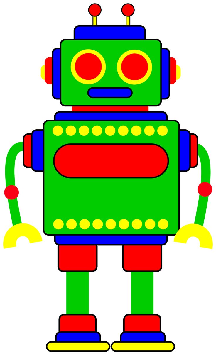 Colorful retro-style cartoon robot with green body, red eyes, and yellow accents.