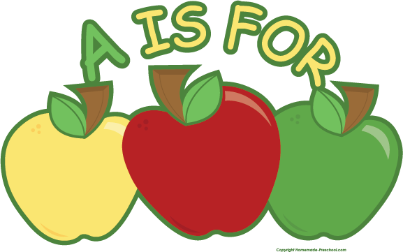 Three apples-yellow, red, and green-with "A is for" text above in playful font.