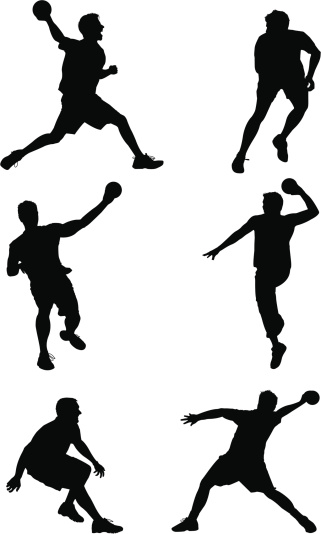 Six black silhouettes of athletes in dynamic action poses-throwing, jumping, and dribbling balls-on a white background.