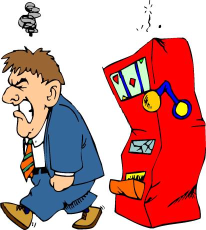 Angry man storming away from a broken, smoking red slot machine with coins flying.