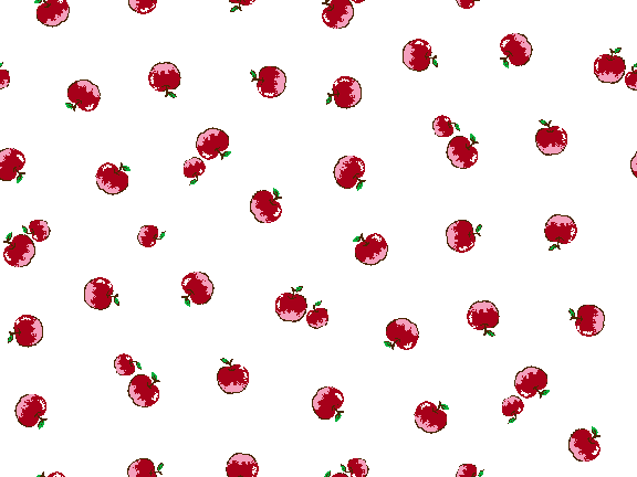 Pixel-art red apples with green stems scattered on white background, retro digital illustration style.