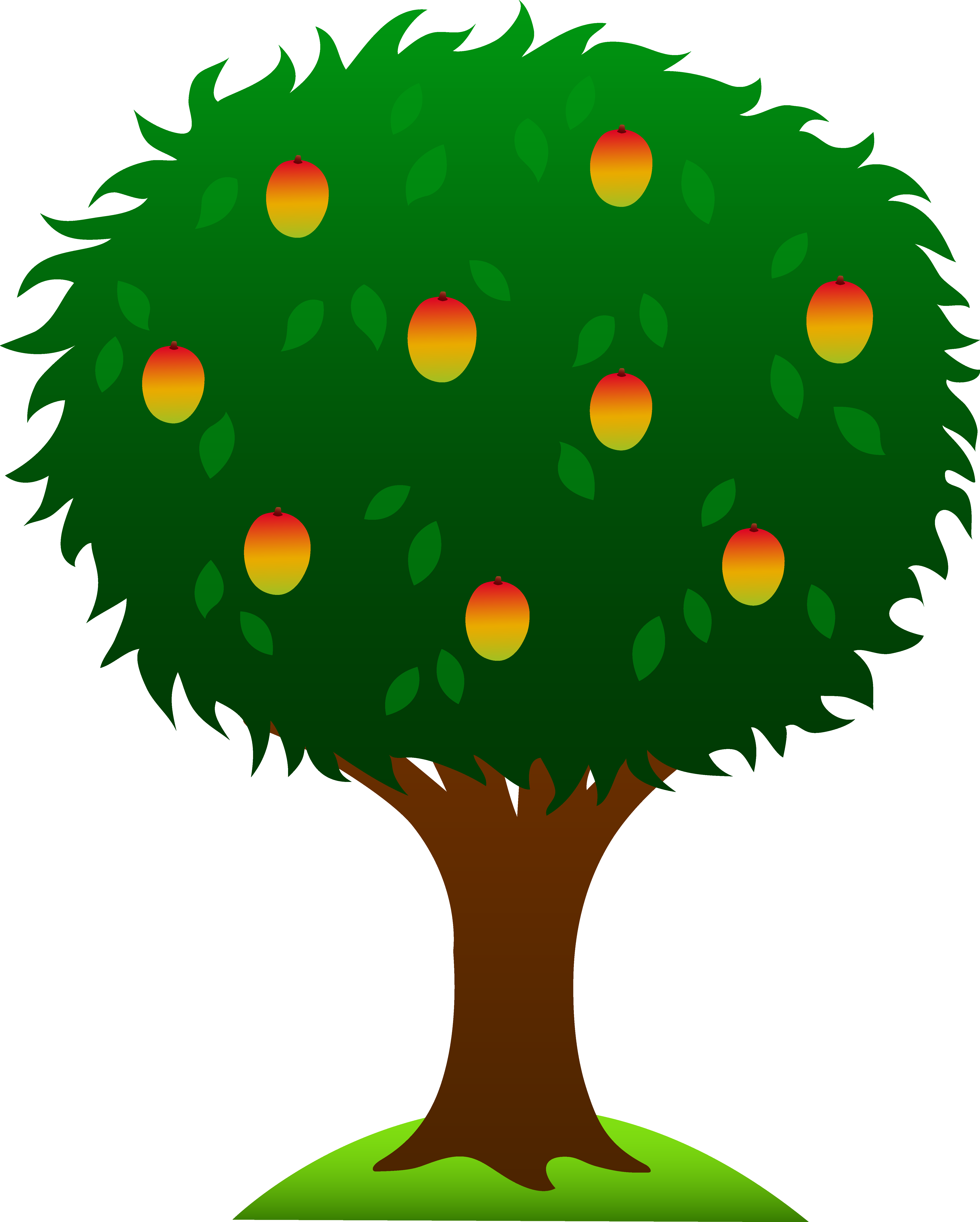 A vibrant cartoon-style mango tree with ripe red-yellow mangoes hanging among lush green leaves on a small grassy mound.