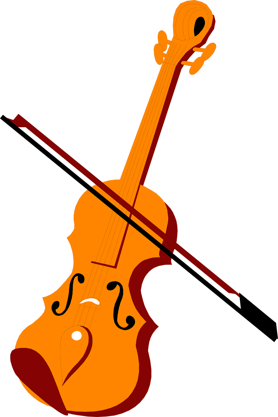Stylized orange violin with bow crossing diagonally, black background.