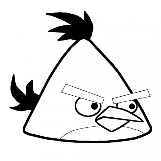 Black-and-white line drawing of an angry triangular bird with spiky feathers and furrowed brows, resembling the Red character from Angry Birds.