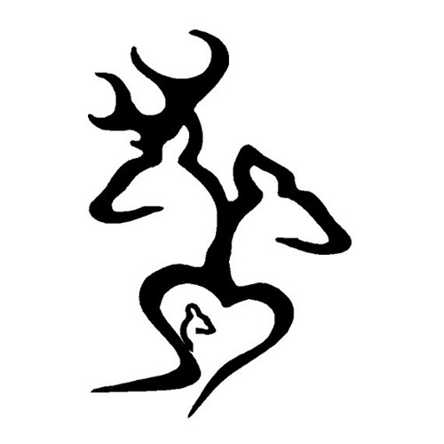 Stylized black silhouette of a buck and doe forming a heart with a fawn inside, symbolizing love and family in wildlife art.