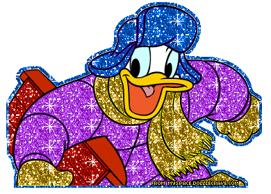 Glittery Donald Duck in purple sweater, blue hat, and gold scarf, smiling joyfully with sparkles.