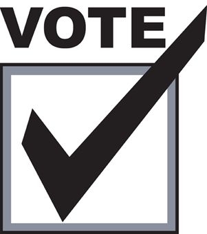 Black checkmark inside a checkbox with the word "VOTE" above it, symbolizing election participation.