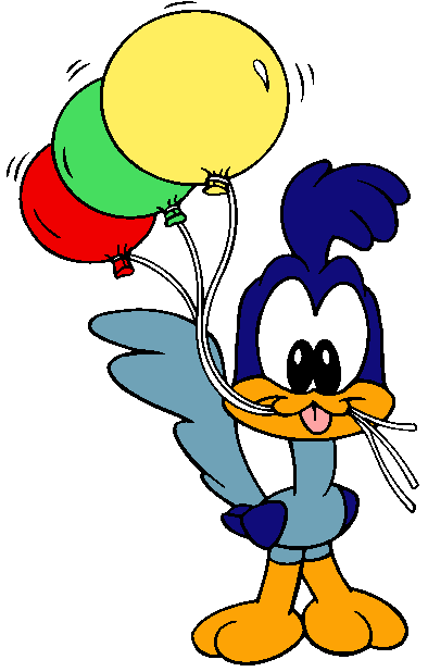 A cartoon blue roadrunner holding three colorful balloons (red, green, yellow) with a playful expression.