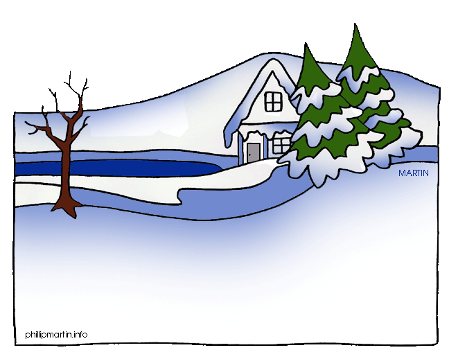 Snowy winter landscape with a house, evergreen trees, bare tree, and frozen river.