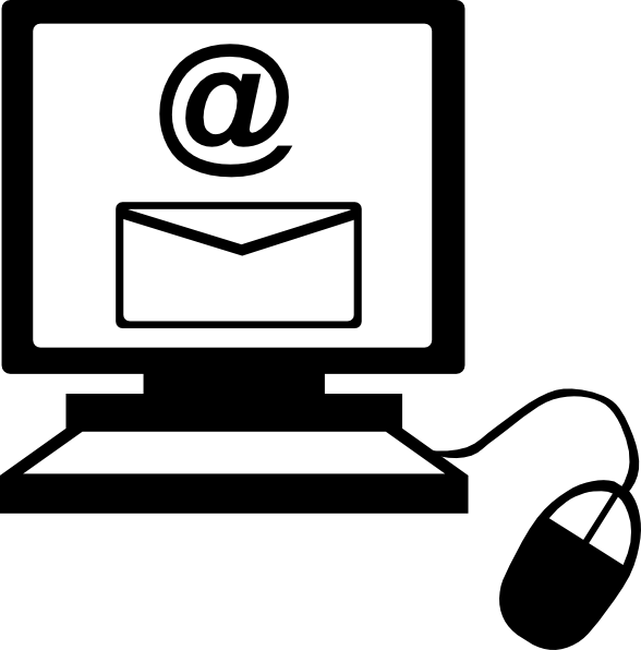Computer monitor displaying an email icon with '@' symbol and envelope, connected to a mouse.