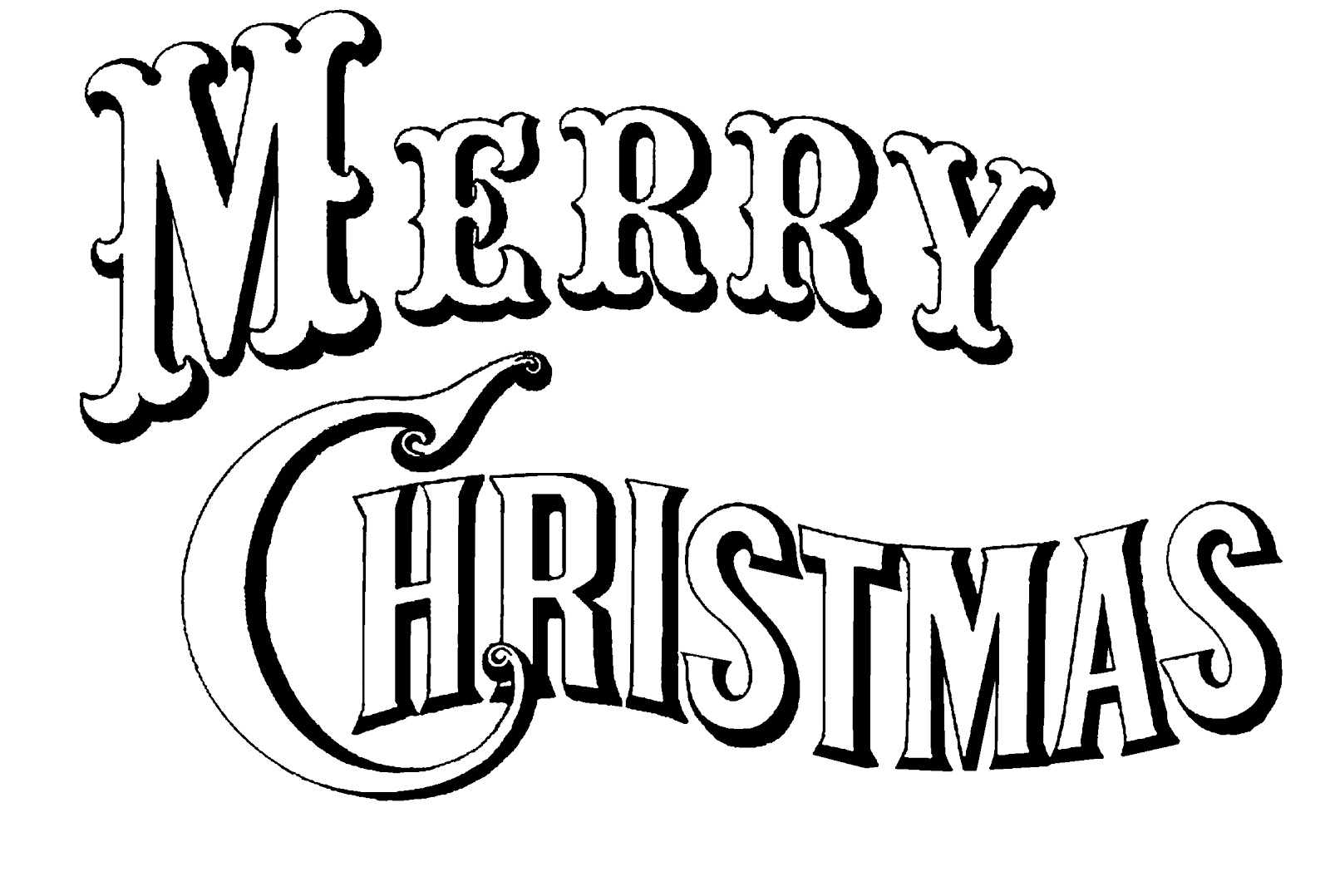 Vintage-style "Merry Christmas" text in ornate black-and-white lettering with decorative flourishes.