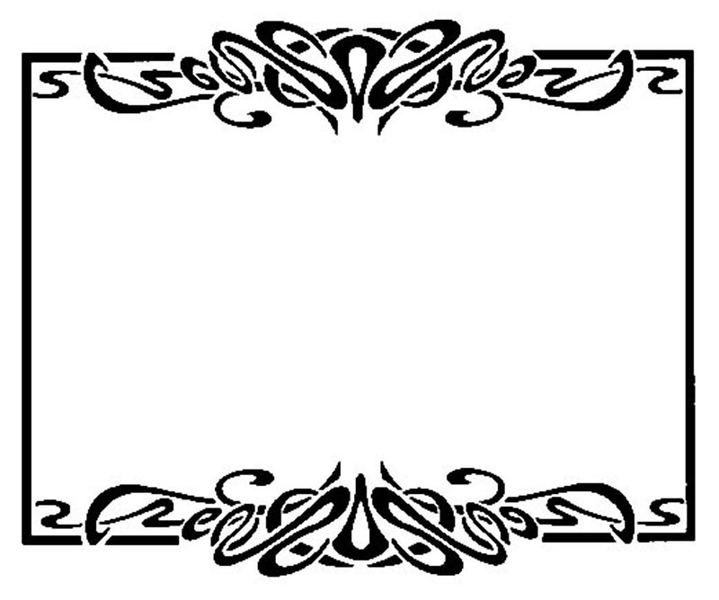 Ornate black-and-white decorative border with symmetrical floral motifs at top and bottom.