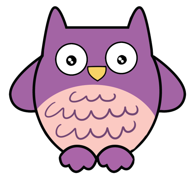 Purple cartoon owl with big white eyes, yellow beak, and pink belly featuring wavy feather patterns.