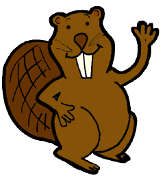 Friendly cartoon beaver waving with large front teeth and a striped tail.