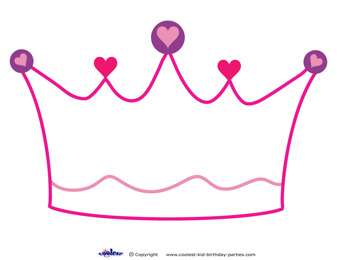 Pink princess crown with heart-shaped decorations and purple accents, ideal for children's party printables.