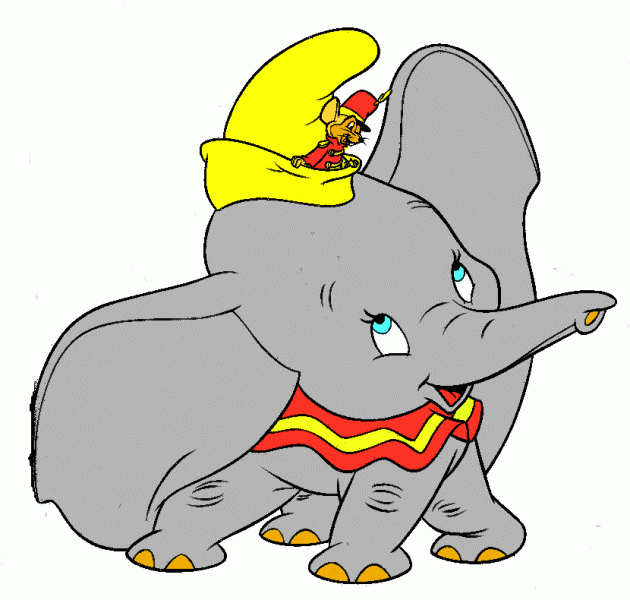 Dumbo the flying elephant with Timothy Q. Mouse perched on his hat, wearing a red-and-yellow circus outfit.