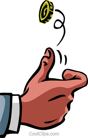 A cartoon hand flipping a golden coin mid-air against a teal background.