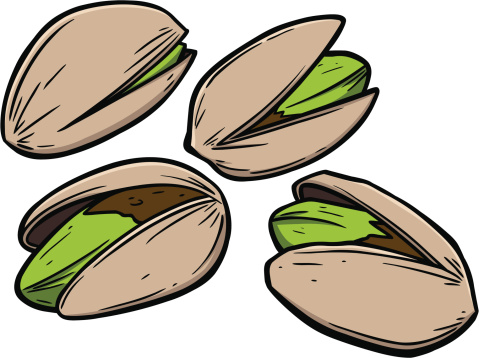 Four illustrated pistachio nuts in open shells, showing green kernels and beige shells with black outlines.