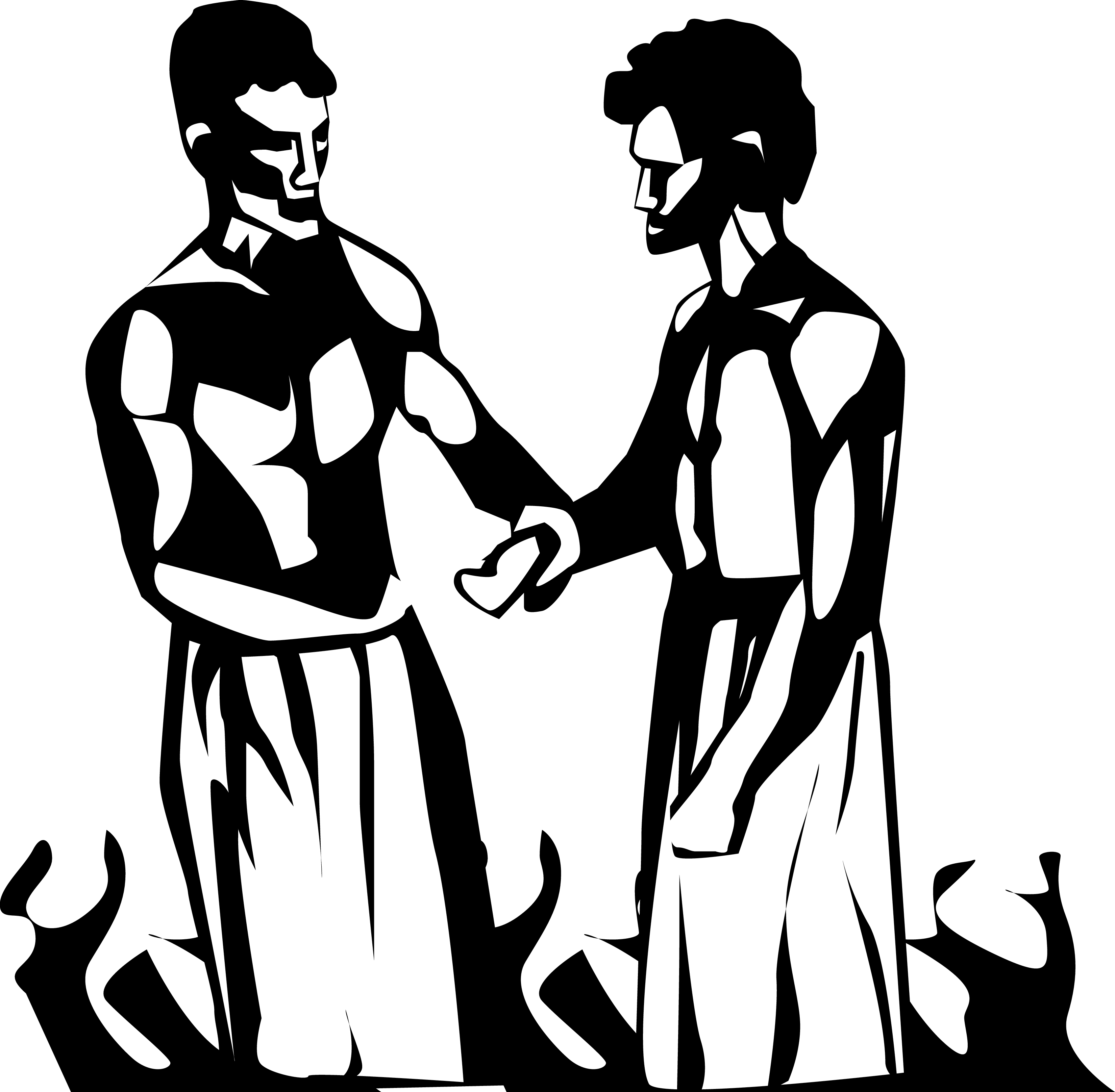 Two stylized figures in ancient attire shaking hands over flames, symbolizing diplomacy or covenant.
