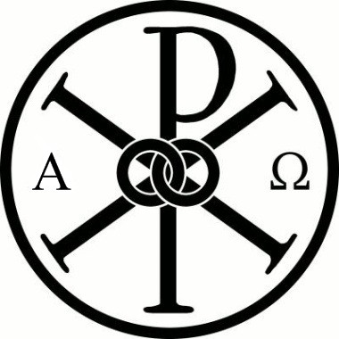 Chi-Rho monogram with Alpha and Omega symbols, a Christian emblem representing Christ as the beginning and end.