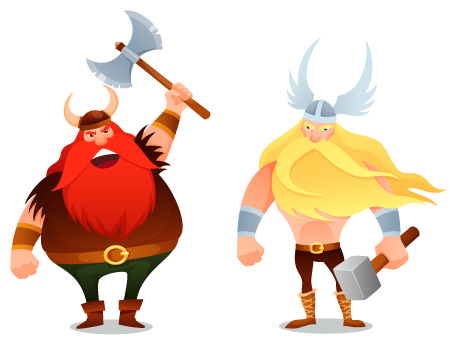 Two cartoon Viking warriors-one red-bearded with axe, one blond with hammer and winged helmet-posed dynamically against white background.
