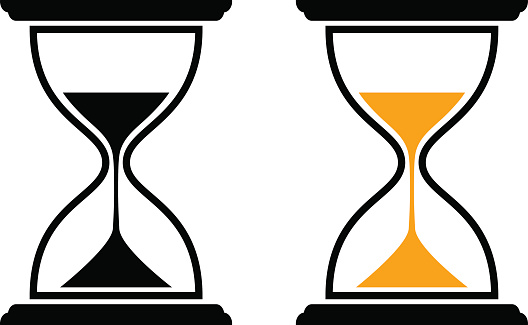 Two hourglasses side by side: one with black sand nearly depleted, the other with orange sand flowing mid-cycle.