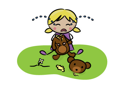 A crying blonde girl hugs a torn teddy bear on grass, with another bear lying nearby and a broken flower.
