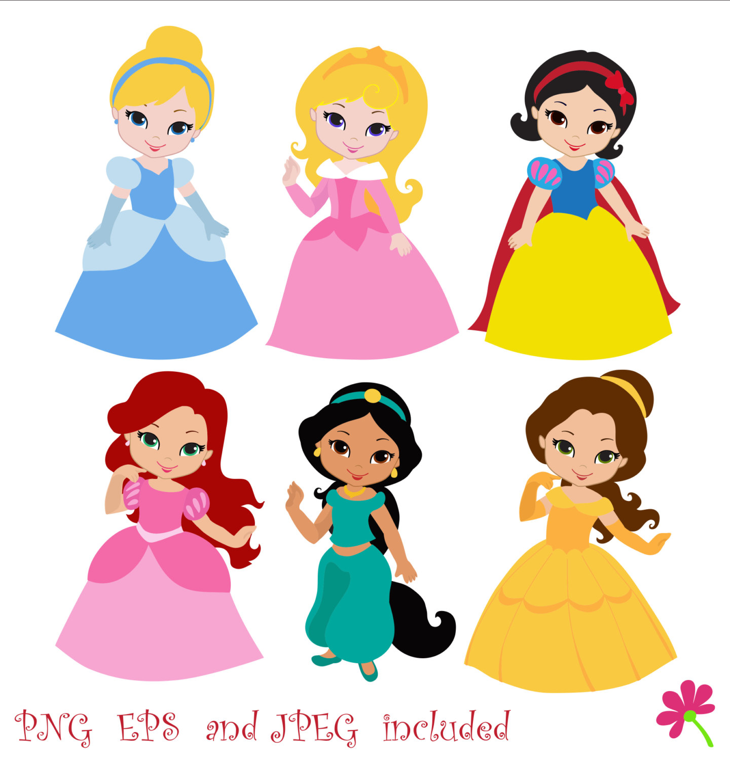 Six cartoon-style Disney princesses: Cinderella, Aurora, Snow White, Ariel, Jasmine, and Belle in colorful gowns.