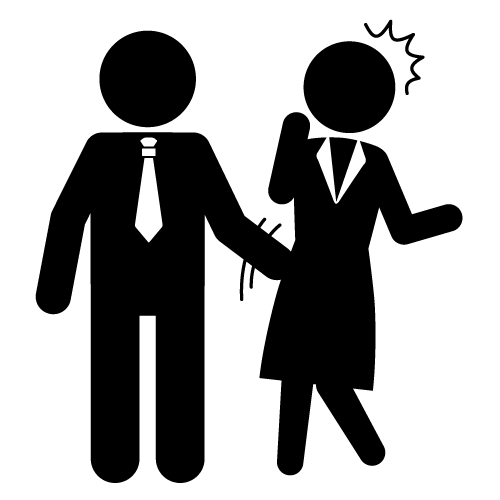 Two business figures: one calmly holding the arm of a visibly stressed colleague with sweat lines above their head.