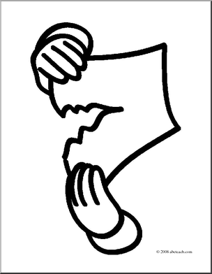 Hand tearing a piece of paper in half, black-and-white line drawing.
