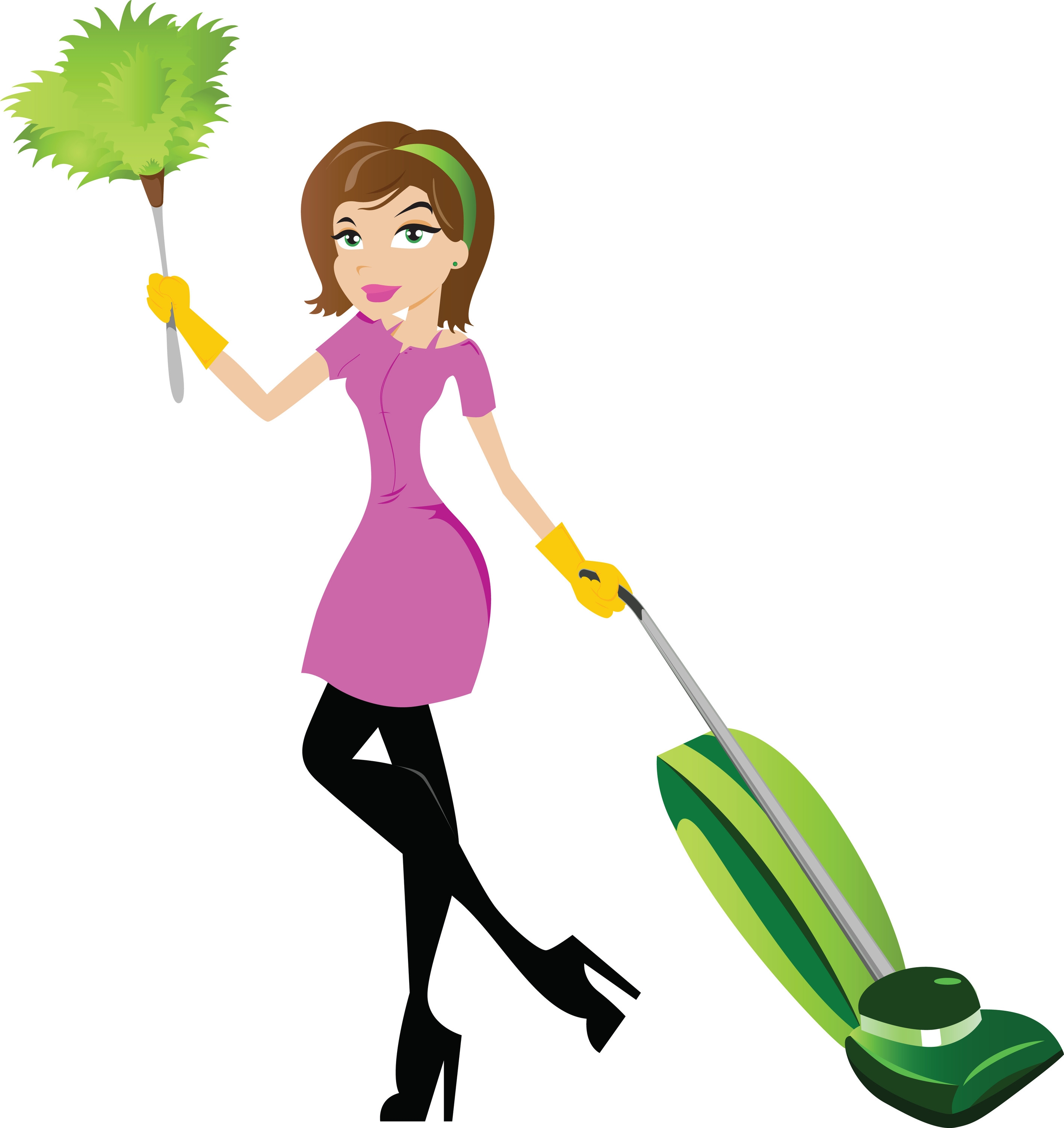 A stylish woman in a pink dress and yellow gloves holds a green feather duster and pushes a green vacuum cleaner.